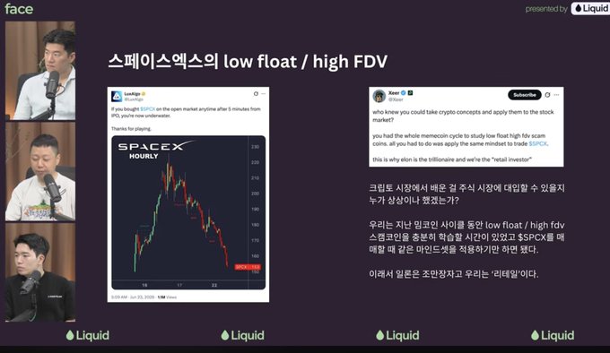 A Korean podcast titled "스페이스엑스의 low float / high FDV" features a discussion referencing a tweet by "Xeer" about SPACEX, who applied cryptocurrency's low float/high FDV scam model to the stock market, with a chart showing SPACEX hourly price action crashing from ~260 to ~120.