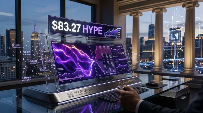 A futuristic trading setup displays a monitor showing charts and the value '$83.27 HYPE', with text including '$1.2B TOKEN UNLOCK' and 'HYPERION QUANTUM COMPUTING'.