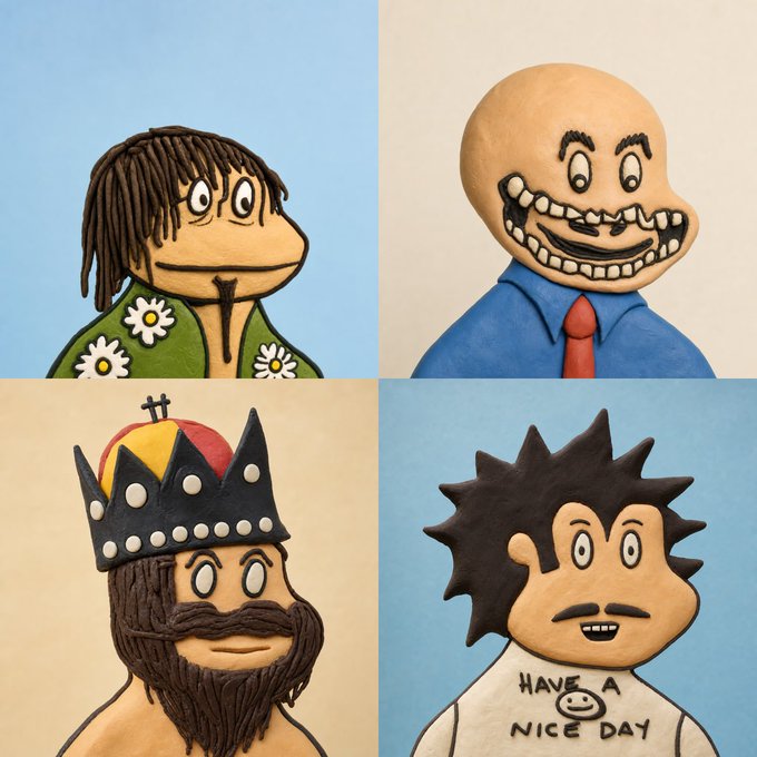 A 2x2 grid of four whimsical clay-sculpted cartoon characters: a dreadlocked figure in a daisy shirt, a bald man with an exaggerated toothy grin and red tie, a bearded king wearing a spiked crown, and a spiky-haired character wearing a "HAVE A NICE DAY" shirt — a quirky, handcrafted art style fitting the playful NFT mint announcement.