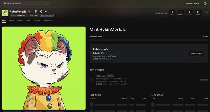 The image shows an OpenSea NFT collection page titled "RobinMortals" with a minting interface displaying "4,444" available items and a "MINTING 100%" status badge, featuring a cartoon white cat with a rainbow afro. This relates to the post as evidence of a potential scam collection on OpenSea that the user is warning others to avoid and requesting be removed.