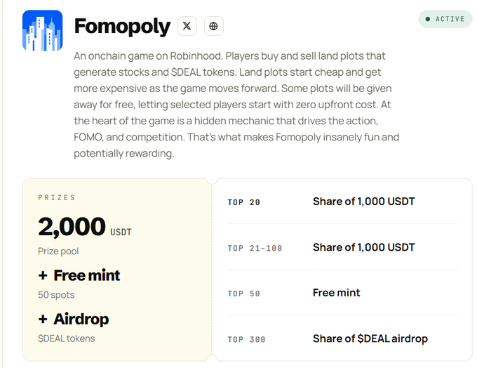 A page for the onchain game “Fomopoly” describes buying and selling Roblox land plots, with a 2,000 USDT prize pool, free mint for 50 spots, airdrop rewards, and ranking-based prize shares.