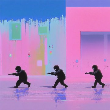 Three small black figures in tactical poses advance across a vibrant pink and blue space holding what appear to be firearms, visually representing the artwork titled "Choreographing a Robbery." The scene's vivid, glitch-like aesthetic underscores the conceptual theme referenced in the objkt auction post, which highlights a current bid of 12.77 Tezos with 8 hours remaining.