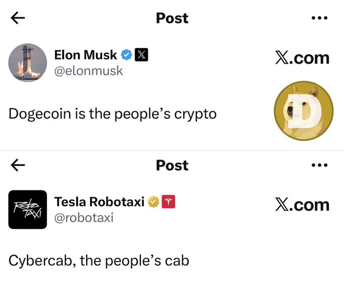 Two X.com posts are shown: one from Elon Musk (@elonmusk) reading "Dogecoin is the people's crypto" with a Dogecoin image, and another from Tesla Robotaxi (@robotaxi) reading "Cybercab, the people's cab".