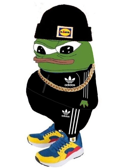 A Pepe the Frog cartoon character wears a black beanie with a 'Lidl' logo, a gold chain, and a black Adidas tracksuit with colorful Adidas sneakers.