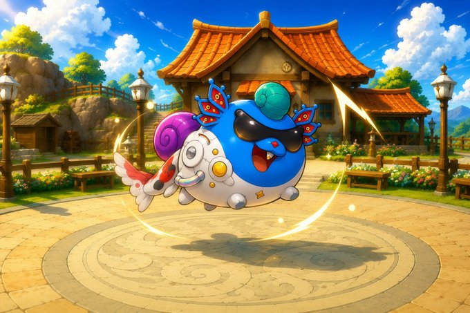 A colorful digital illustration of a cute blue creature with sunglasses and a purple shell riding a white robotic companion in front of a traditional Asian-style building with an orange tiled roof.