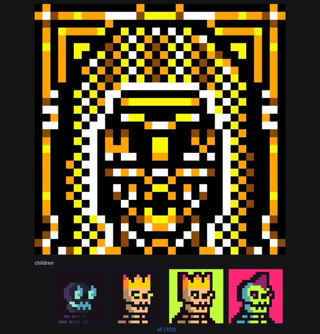 A pixel art piece on a black background with yellow, orange, and white patterns, featuring a row of small character icons at the bottom labeled 'children' and 'all (333)'.