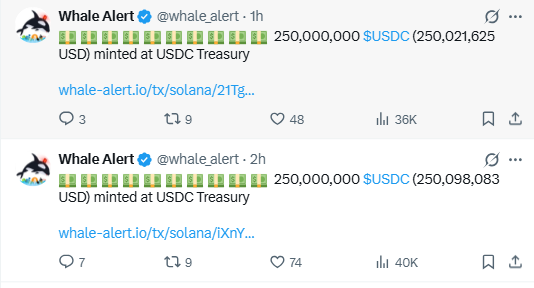 Two consecutive Whale Alert tweets report that the USDC Treasury minted 250,000,000 USDC on Solana twice within two hours, totaling approximately $500 million in fresh stablecoin liquidity.