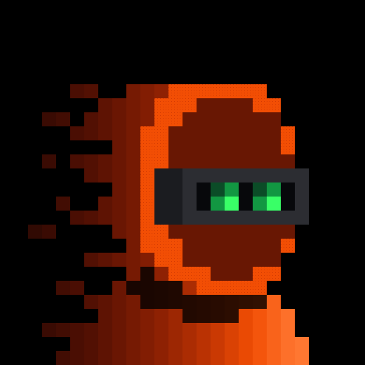 A pixel art image of an orange figure with a dark gray band across its eyes that contains two green glowing digital segments, set against a black background.