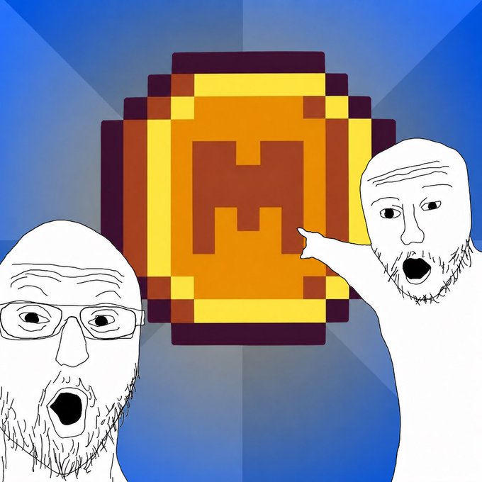 The image features two men with white hair, one of whom has a beard, standing next to each other against a blue background. They are both wearing glasses. The man on the left side of the image appears to be looking at something off-camera, while his companion is pointing towards an object in front of them. The object is a large golden coin with the letter "M" on it. The caption below the image reads: "Believe in $MEME".
