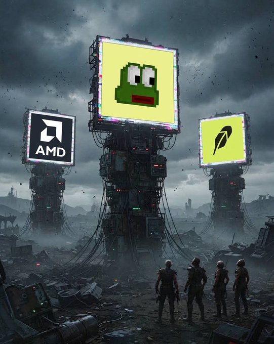 A post-apocalyptic digital art scene featuring three large screens displaying AMD, Nvidia, and a pixelated frog logo, with figures standing before the towering structures amid ruins.