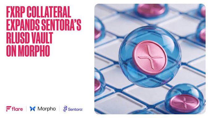 A promotional graphic reads 'FXRP COLLATERAL EXPANDS SENTORA'S RLUSD VAULT ON MORPHO' with Flare, Morpho, and Sentora logos, alongside an image of pink coin tokens in blue spheres.