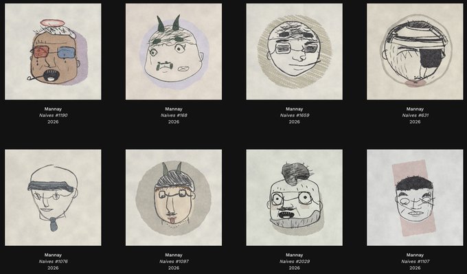A collection of eight crude digital sketches of cartoonish faces labeled 'Mannay Naives' with numbers like #780, #788, #669, #829, #976, #1097, #2629, and #1107, dated 2026.