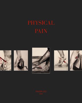 A book cover titled 'PHYSICAL PAIN' by Parker Lee, featuring a series of photographs showing hands and feet in various positions.