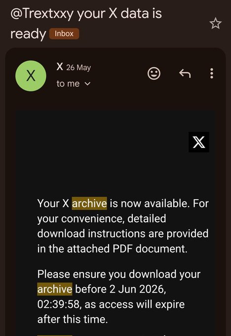 Screenshot of an email from X (Twitter) to user 'Trextxxy' dated 26 May, stating 'Your X archive is now available' and warning to download before 2 Jun 2026.
