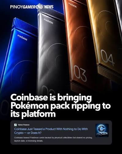 A news graphic titled 'Coinbase is bringing Pokémon pack ripping to its platform' features images of blue, black, copper, and gold Pokémon-themed cards.