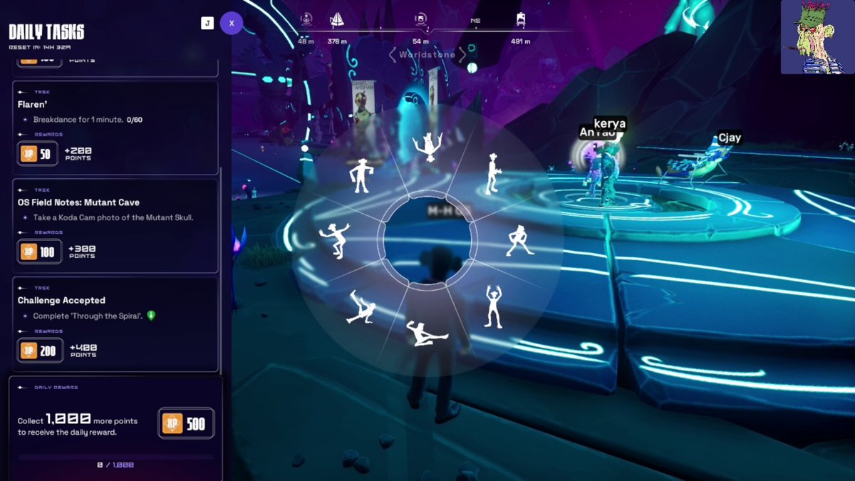 The image shows a video game screen with various characters, including a person standing at the center of the frame. The characters are depicted in white against a blue background, creating an interesting contrast. The main character appears to be dancing or performing some action, while other characters can be seen around them. The text on the screen reads "Day 48 on @OthersideMeta Daily Tasks Completed Joined a Private Bubble Bounced 33 Times Breakdanced for 1 minute Through the Spiral Completed Take a Koda Cam Photo of the mutant Skull More XP earned and the grind continues". This suggests that the game is likely focused on tasks or challenges related to time management, personal achievements, and character development.