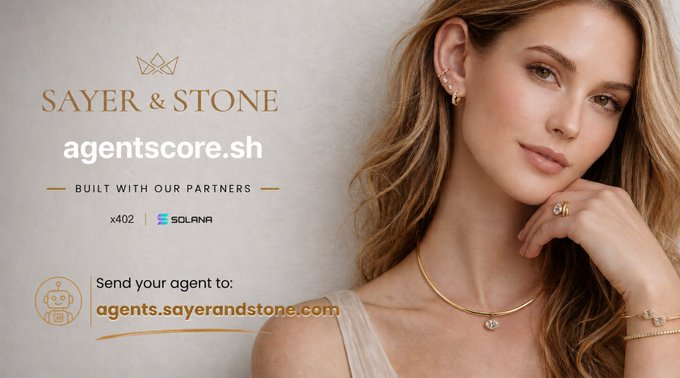 The image features a woman wearing a gold necklace and earrings with a caption that reads "AI Agents can now buy luxury jewelry on @solana - agents browse, choose sizing and carat weight, and pay in USDC." The text is written in white and is centered above the woman's head.