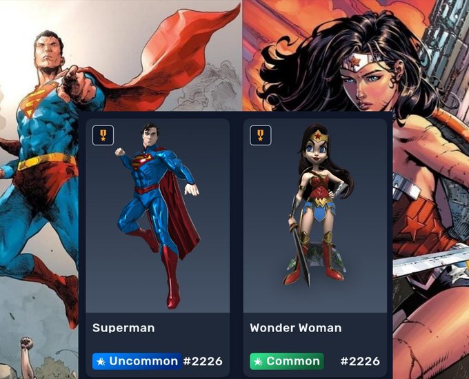 A digital collectible card display featuring Superman (Uncommon, #2226) and Wonder Woman (Common, #2226) character cards overlaid on comic book artwork of the two heroes.