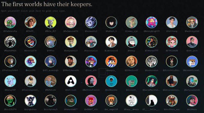 A webpage displaying 'The first worlds have their keepers' with a grid of circular profile avatars of various NFT holders, each labeled with a username.