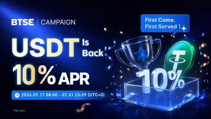 A promotional banner for the BTSE Campaign advertising 'USDT Is Back' with '10% APR', running from 2026.07.17 08:00 - 07.31 23:59 (UTC+0), featuring a trophy and USDT coin with 'First Come, First Served!' text.