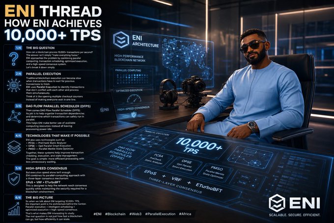 A marketing infographic titled 'ENI THREAD: HOW ENI ACHIEVES 10,000+ TPS,' featuring a picture of a man in sunglasses and listing features like Parallel Execution and DAG Flow Parallel Scheduler, ending with the ENI logo and 'SCALABLE SECURE. EFFICIENT'.