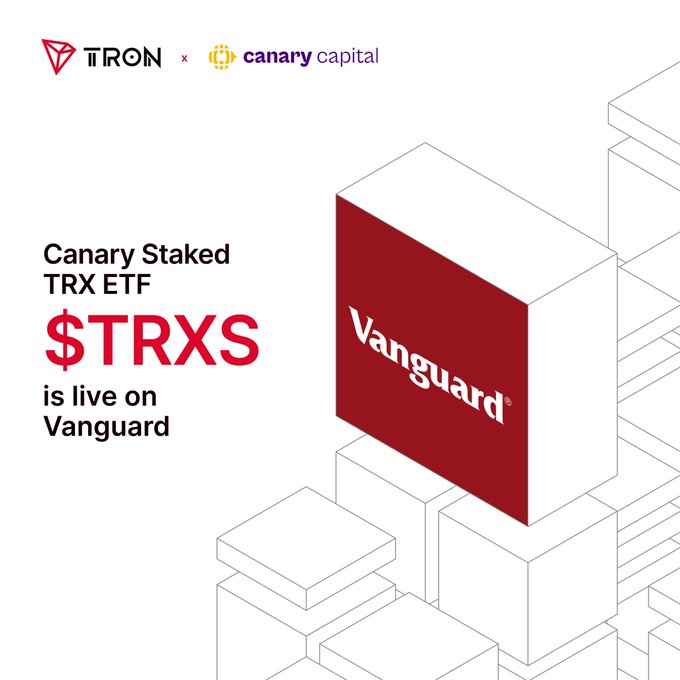 Promotional graphic announcing that the Canary Staked TRX ETF ($TRXS) is now live on Vanguard, featuring the logos of TRON, Canary Capital, and Vanguard alongside the "$TRXS" ticker text. The image visually reinforces the post's announcement of TRX's expanded accessibility through traditional financial markets.