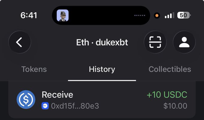 A mobile cryptocurrency wallet interface shows a received transaction of "+10 USDC" ($10.00) from address 0xd15f...80e3 in the History tab of the "dukexbt" Ethereum account, illustrating a small incoming stablecoin payment that aligns with the post's casual pitch about earning USDT/USDC through crypto.