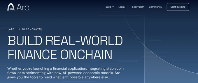 The image shows Arc's homepage banner featuring its "Arc L1 Blockchain" tagline and the headline "Build Real-World Finance Onchain," with navigation links to Build, Learn, Ecosystem, and Community. This relates to the post highlighting how Arc's chain, built for legitimate financial applications, will likely be used primarily for memecoin speculation and launchpad farming instead.