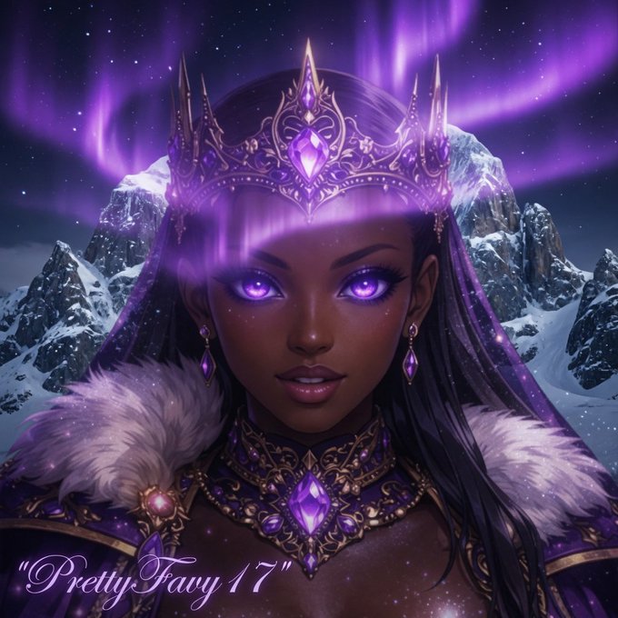 A regal Black woman with glowing purple eyes and an ornate amethyst crown stands before snow-capped mountains under a purple aurora, with "PrettyFavy17" written at the bottom—her majestic, mysterious aura symbolizing Beldex's emphasis on overlooked privacy and validation processes in blockchain networks.