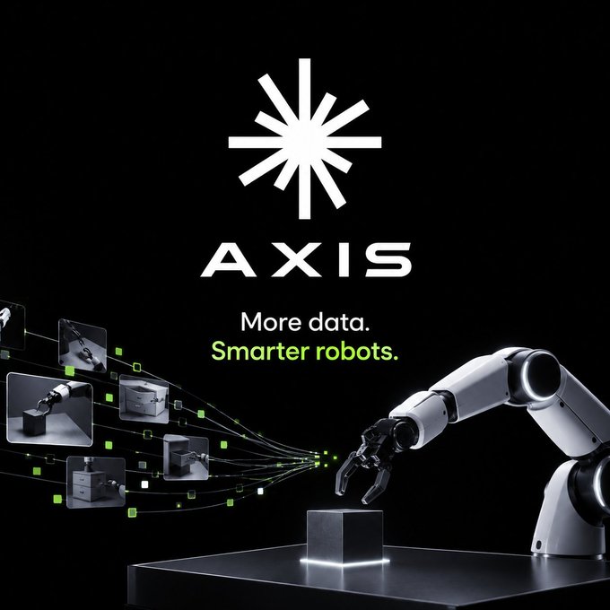 The image features the AXIS logo and tagline "More data. Smarter robots." against a black background, alongside a robotic arm reaching toward a cube, with smaller inset images showing the robot performing various tasks that stream into the main robot via glowing data lines—visually reinforcing the post's message that Axis builds the data infrastructure connecting simulation, demonstrations, and training to enable smarter robotics.