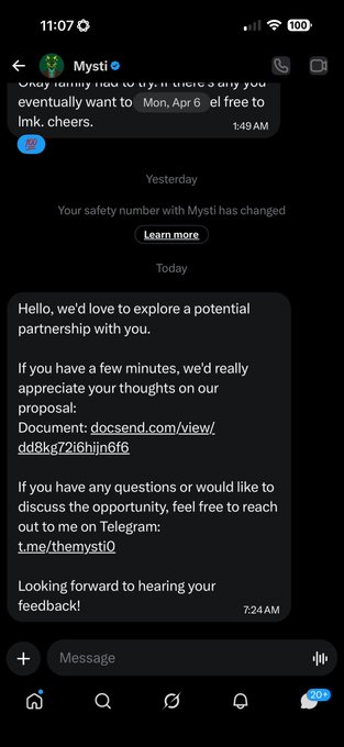 A Telegram chat screenshot with 'Mysti' showing a message that says 'Hello, we'd love to explore a potential partnership with you' and includes a Docsend link and Telegram contact @themysti0.