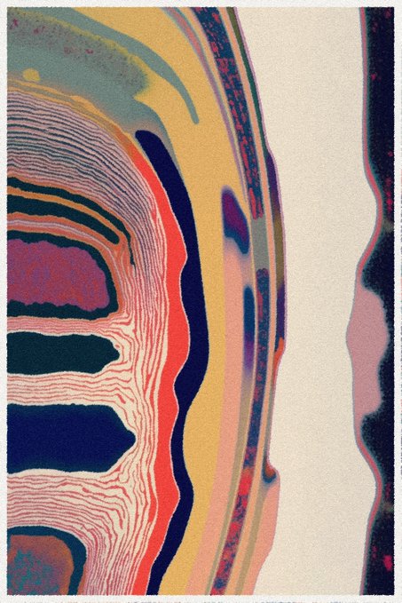 An abstract digital artwork featuring flowing, marbled bands of color in yellow, red, purple, pink, and teal against a cream background.