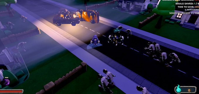 The image shows a top-down view of a video game scene with a black truck featuring orange flames and skull decorations driving down a street while attacking various zombie-like creatures. The game interface displays stats in the upper right including "SOULS SAVED: 1/6", "TIME TO SAVE: 50:4", "5 REMAINING", and "SOULS RETRIEVED: 0/150", with a score of 0 shown in the bottom right corner. This matches the post's description of "Grim," a survival game built in The Sandbox Studio where the player is trying to survive against zombies while saving souls within a time limit.