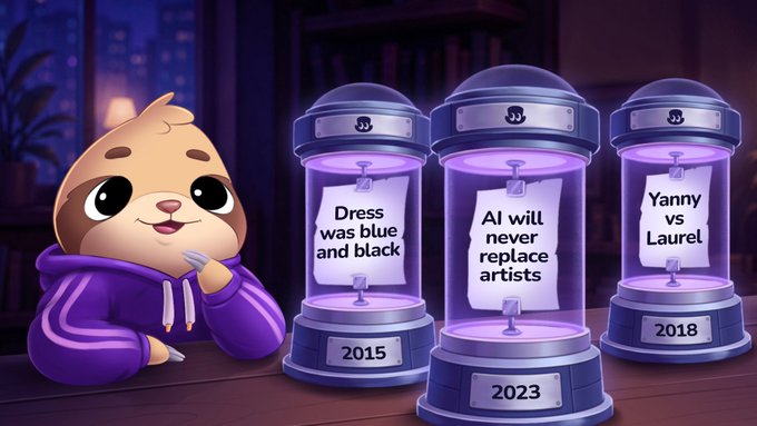 A cartoon sloth in a purple hoodie gazes at three futuristic cryogenic pods containing classic internet debates labeled "Dress was blue and black" (2015), "AI will never replace artists" (2023), and "Yanny vs Laurel" (2018), humorously preserving these divisive online moments for posterity like "Sealed in time..." once-wrong assumptions frozen as historical artifacts.
