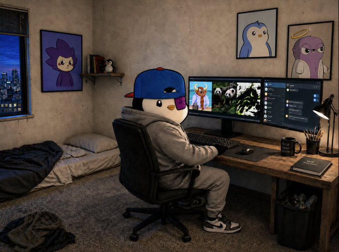 A character wearing a blue baseball cap and a penguin-style mask sits at a desk in a cozy room, looking at a computer monitor displaying images of a cow and a panda, with cartoon artwork on the walls.