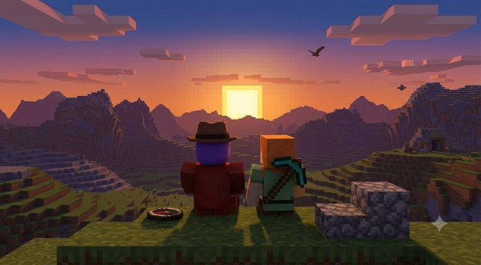 A Minecraft screenshot showing two blocky characters sitting on a cliff edge at sunset, overlooking a blocky mountainous landscape with a square sun.
