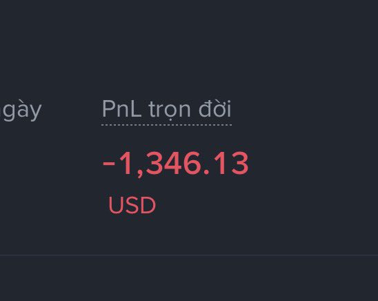 The image shows a trading dashboard displaying "PnL trọn đời" (Lifetime PnL) of -1,346.13 USD in red, indicating a lifetime loss. This visualizes the poster's frustration about futures trading, showing how their lifetime profit and loss remains deeply negative, supporting their sarcastic commentary that playing futures is a waste of time with no chance of turning a profit.