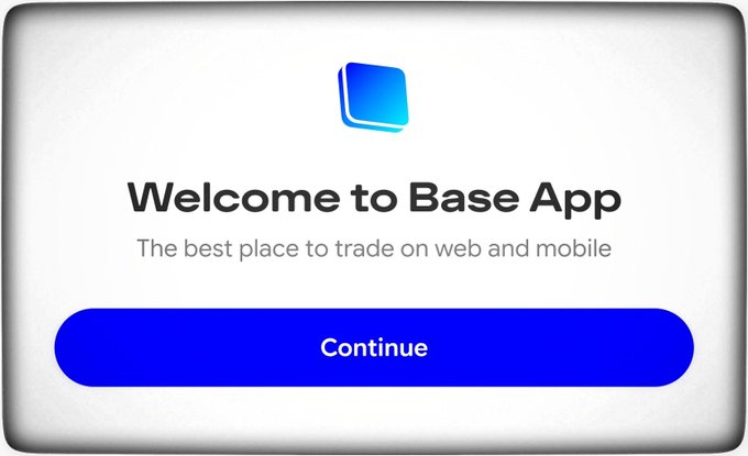 Welcome screen for the Base App with a blue Continue button, advertising itself as 'The best place to trade on web and mobile.'