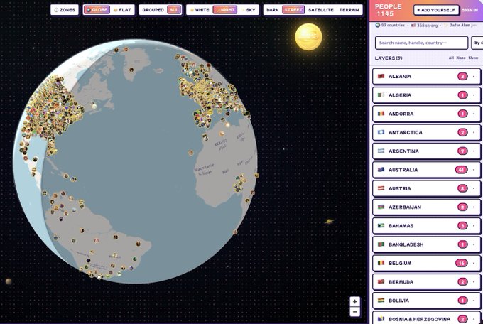 A digital world map interface showing pin markers across the globe, with a sidebar listing countries like Albania, Algeria, Andorra, Australia, etc., and stats showing '99 countries' and '81 368 strong.'