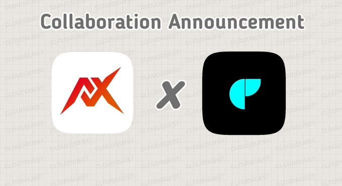 A "Collaboration Announcement" graphic featuring two app icons side-by-side: a red "AX" logo on the left and a black icon with a teal "P" symbol on the right, separated by an "x." The image visually represents the partnership announcement described in the accompanying post about NOCTIX, a 3D anime collectible NFT project.