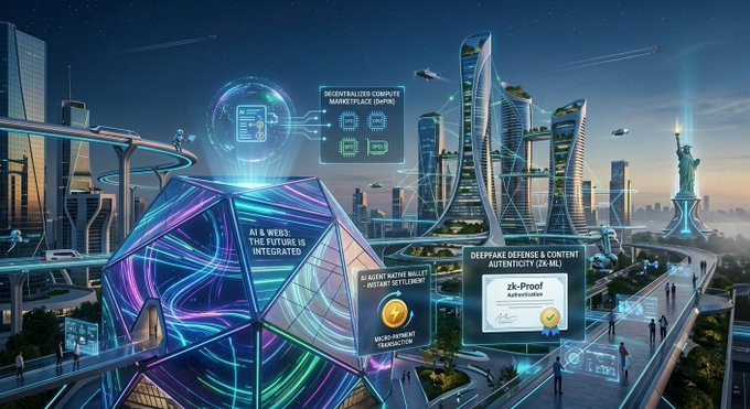 The image depicts a futuristic cityscape featuring iconic landmarks like the Statue of Liberty and the Statue of Liberty-like figure, alongside glowing holographic displays showing concepts like "AI & WEB3: THE FUTURE IS INTEGRATED," "DECENTRALIZED COMPUTE MARKETPLACE (DePIN)," and "zk-Proof Authentification" for deepfake defense, visually reinforcing the article's thesis that AI and Web3 are inherently complementary technologies addressing productivity and trust.