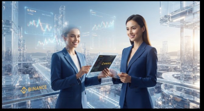 Two professional women in blue suits pose with a Binance-branded tablet, with futuristic holographic trading charts displayed in a glass-walled high-tech setting.