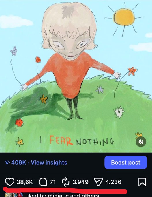 A childlike drawing of a figure standing on a grassy hill with the text 'I FEAR NOTHING', shown as an Instagram post with 38.6K likes.