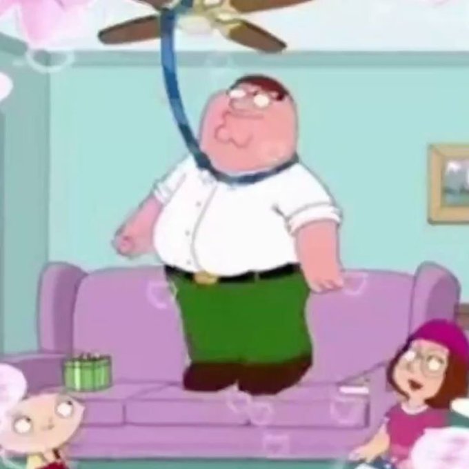 An animated scene from Family Guy showing Peter Griffin being hung by a noose from a ceiling fan while his children Stewie and Meg watch from a couch.