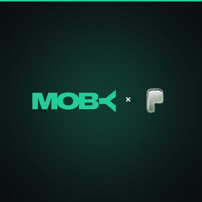 The image displays a co-branded promotional graphic featuring "MOBY" in mint-green bold lettering alongside a glossy, chrome-styled "P" logo, separated by a small "×" symbol, all set against a dark green gridded background. This visual pairs the two brands to support the post's announcement that tokens graduating on Pons receive free access to Moby Pro.