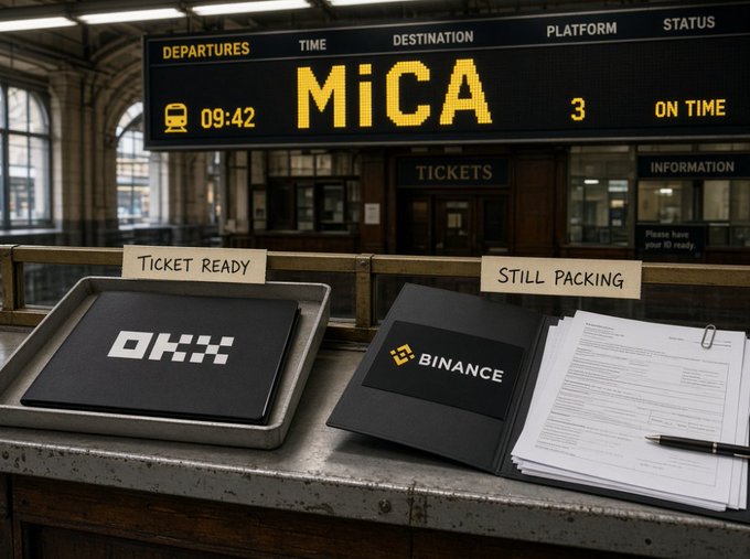 The image depicts a train station departures board for "MiCA" at Platform 3 departing at 09:42 "On Time," with an OKX-branded folder marked "Ticket Ready" on a tray and a Binance folder labeled "Still Packing" beside a stack of paperwork. The visual metaphor illustrates how OKX has secured its MiCA compliance "ticket" ahead of schedule, while competitors like Binance are still gathering their documentation, reinforcing the post's message about the value of being early to regulatory deadlines.