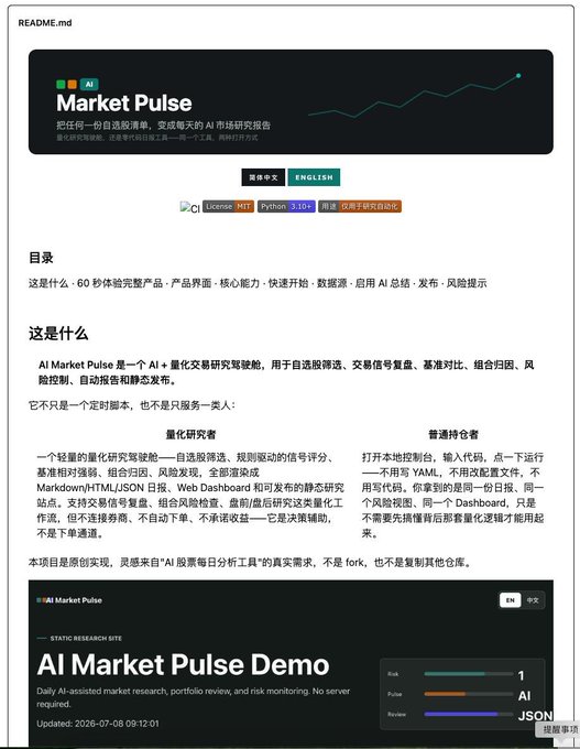 The image shows a GitHub README.md for "AI Market Pulse," a 60-second open-source AI tool for stock/crypto research reports featuring a dark-themed demo dashboard with Risk, Pulse, and Review metrics scored at "1" and "AI." It relates to the post by showcasing the open-sourced project the author shared, which helps users instantly generate AI-powered daily market analysis and risk monitoring reports.