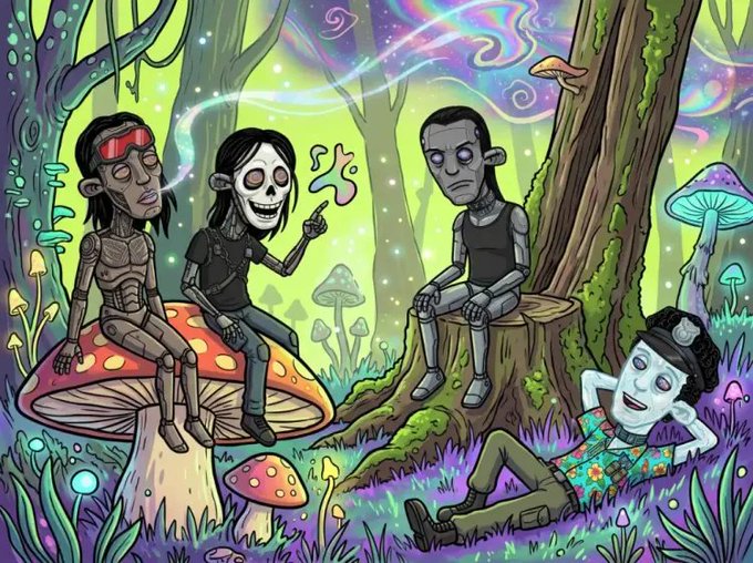 A psychedelic cartoon illustration showing zombie-like characters in a magical forest setting with glowing mushrooms and colorful swirls in the sky.
