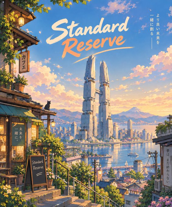 A vibrant anime-style illustration shows a quaint café labeled "Standard Reserve" (with "カフェ" on a wooden sign) overlooking a futuristic coastal city featuring twin skyscrapers, Mount Fuji in the distance, and a black cat perched on the railing. Japanese text reads "より良い未来を一緒に創る" (Creating a better future together) and "夢はまだ終わらない" (The dream isn't over yet). The image's optimistic "Standard Reserve" branding and forward-looking Japanese tagline contrast with the cautionary post about Standard Reserve's economic model mirroring the failed Olympus DAO, which collapsed from runaway inflation despite once reaching billions in market cap.