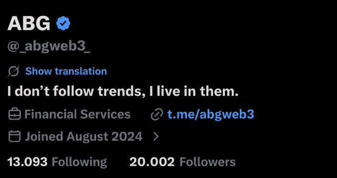 The image shows the X (Twitter) profile of "ABG" (@_abgweb3_), a verified Financial Services account with the bio "I don't follow trends, I live in them," featuring 13,093 following and 20,002 followers. It appears to be a screenshot taken shortly after the user reached the 20,000 followers milestone, which the post celebrates by thanking the community for their support on the Web3 journey.